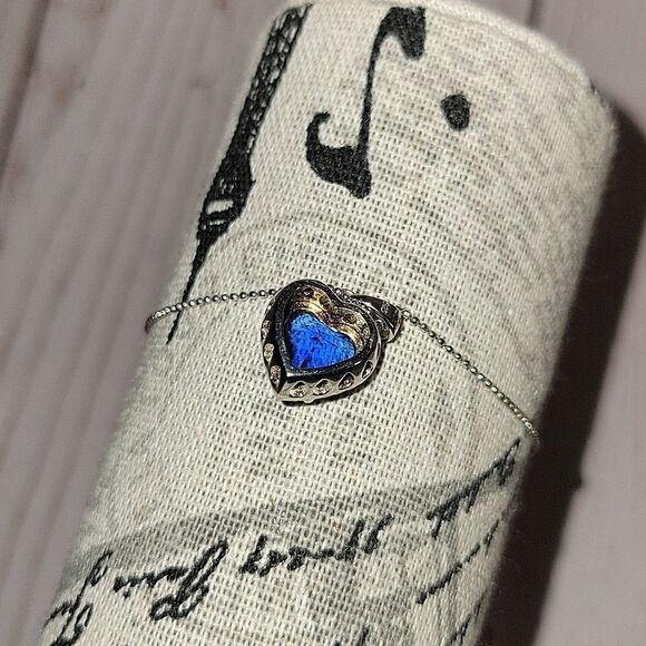 Blue Obsidian & Cubic Zirconia Platinum over 925 Silver Heart Pendant Necklace - Picture 3 of 13